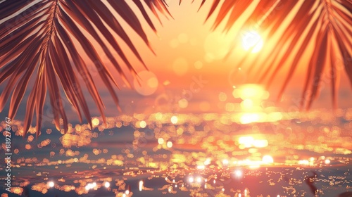 Sunset beach scene, summer ocean landscape, serene nature background with sand and water, vacation concept