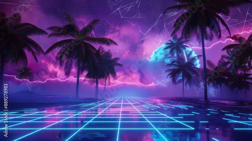 An 80s retro landscape made with futuristic illustrations of mountains in a retro style. Intended for use in retro design.