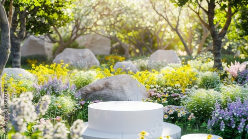 3d spring table display nature flower product white. Field scene cosmetic background gift.