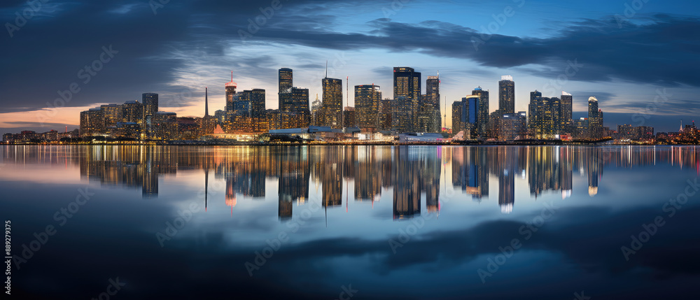 Fototapeta premium Urban Twilight: Panoramic Cityscape with Reflection