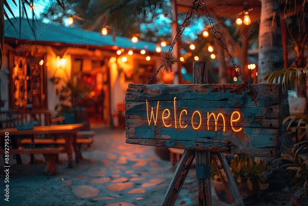 Glowing welcome sign at a tropical beach bar entrance Glowing welcome sign at a tropical beach bar entrance