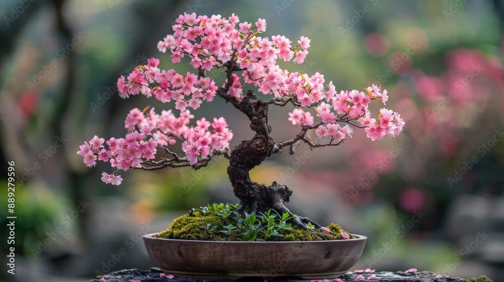 Serene cherry blossom bonsai tree with pink flowers in a zen garden Serene cherry blossom bonsai tree with pink flowers in a zen garden
