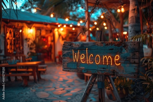 Glowing welcome sign at a tropical beach bar entrance