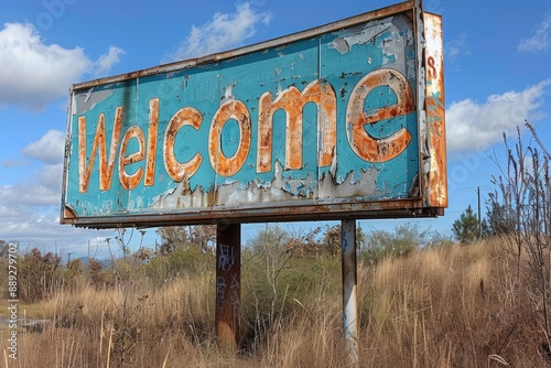 Weathered Welcome Sign Abandoned Billboard in Overgrown Field photo