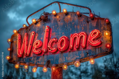 Grungy welcome sign with red neon letters and light bulbs photo