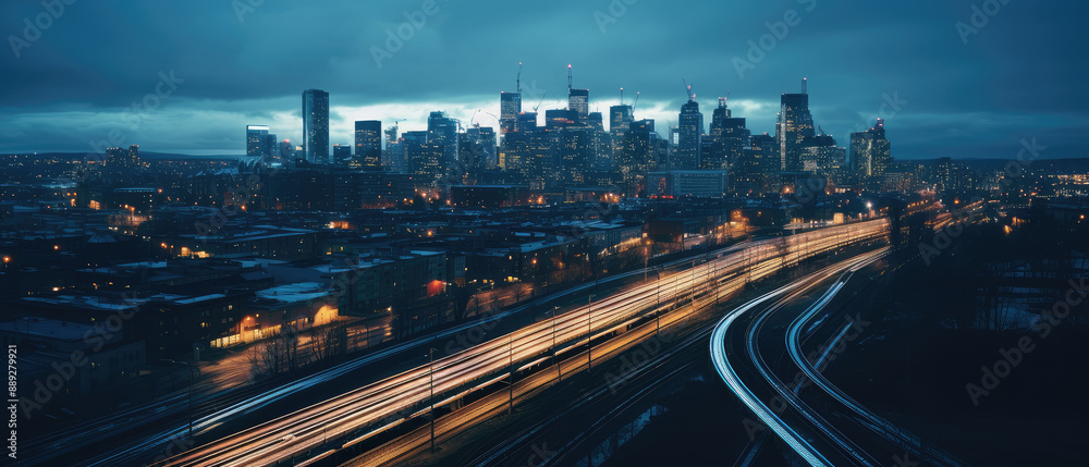 Fototapeta premium Dusk over Urban Dreamscape: City Lights and Motion