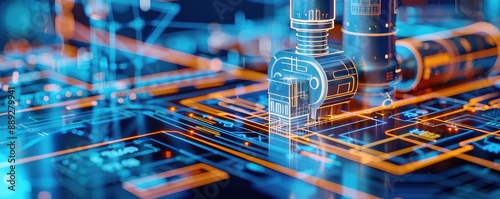 A digital representation of a complex electronic circuit board with glowing orange highlights and a blue background. photo