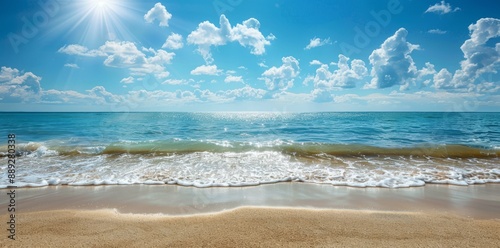 A beach with a blue sea in the background, a blue sky and white clouds in the sky, a banner, a summer vocation, a holiday on the beach