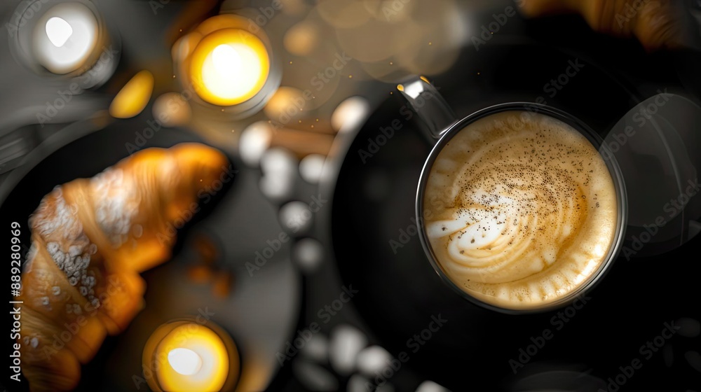 A cozy flat-lay of a cappuccino and croissant on a dark table with candles, creating a warm and inviting breakfast scene. A cozy flat-lay of a cappuccino and croissant on a dark table with candles, creating a warm and inviting breakfast scene.