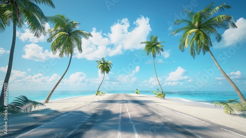 Solitary tropical road surrounded by sand on a beach.