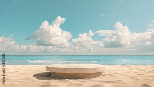 A marble podium is used to display and present products during the summer. The background includes white sand, palm trees, and the sea.