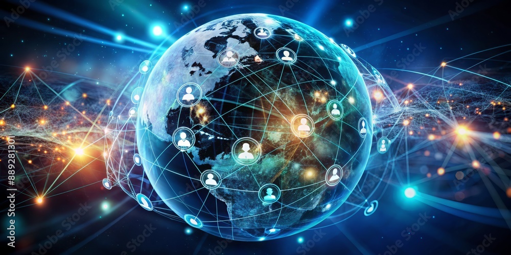 Global business globe surrounded by glowing network connections and miniature digital icons, representing innovative marketing strategies and creative solutions for business development. Global business globe surrounded by glowing network connections and miniature digital icons, representing innovative marketing strategies and creative solutions for business development.