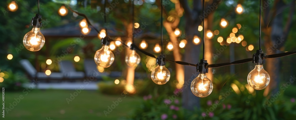 String lights hanging in a backyard with bokeh and copy space String lights hanging in a backyard with bokeh and copy space