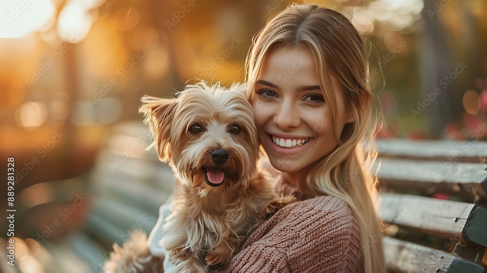 A beautiful young woman sitting on a park bench, cuddling a small dog in her arms and smiling warmly A beautiful young woman sitting on a park bench, cuddling a small dog in her arms and smiling warmly