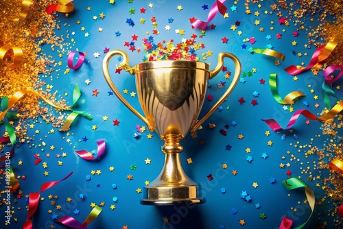 Vibrant golden trophy surrounded by colorful streamers, confetti, and sparkling glitter on a bright blue background, embodying triumph and achievement in a competitive arena. photo