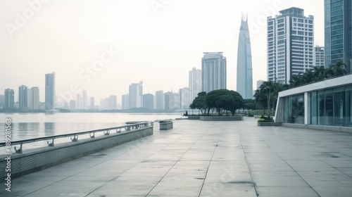 Modern Riverside Cityscape with High-Rises