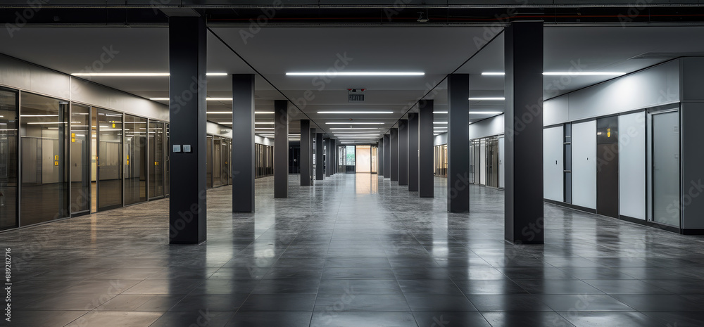 Obraz premium Modern Empty Office Corridor with Glass Panels