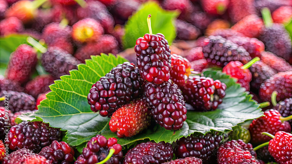 A close-up of fresh, ripe mulberries piled on green leaves. The fruits are a vibrant red and purple, bathed in warm summer sunlight A close-up of fresh, ripe mulberries piled on green leaves. The fruits are a vibrant red and purple, bathed in warm summer sunlight