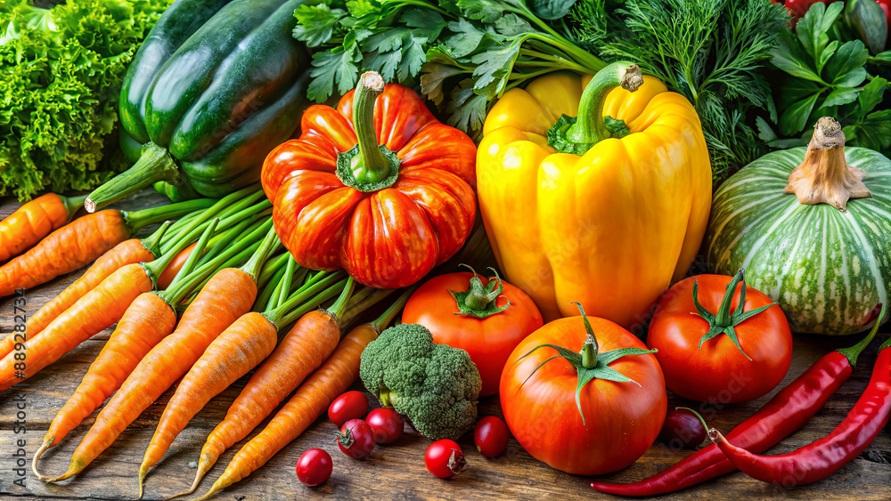 A variety of fruits and vegetables arranged on a rustic wooden surface, including carrots, tomatoes, peppers, and squash A variety of fruits and vegetables arranged on a rustic wooden surface, including carrots, tomatoes, peppers, and squash