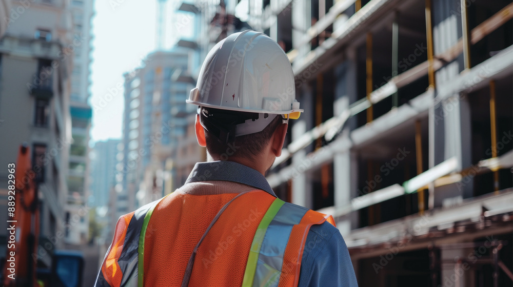 Construction worker wearing hardhat and safety vest at a building site Construction worker wearing hardhat and safety vest at a building site