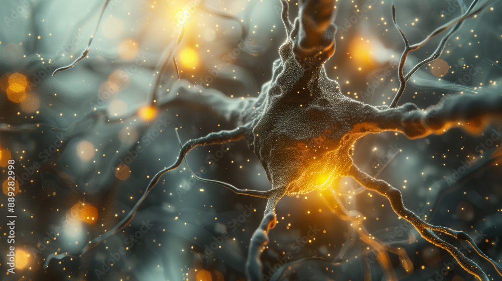 Nerve cell, neuron, close-up under a microscope. AI generated. Nerve cell, neuron, close-up under a microscope. AI generated.