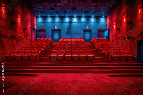 Plush red velvet theater seats in an empty auditorium with a red carpeted stage photo