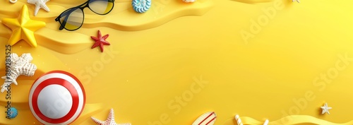 A summer banner with tropical beach vibes and hand drawn summer icons with a yellow background