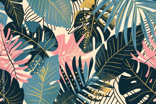 Wallpaper with summer palm leaves on a tropical background. Jungle plants and nature backdrop.