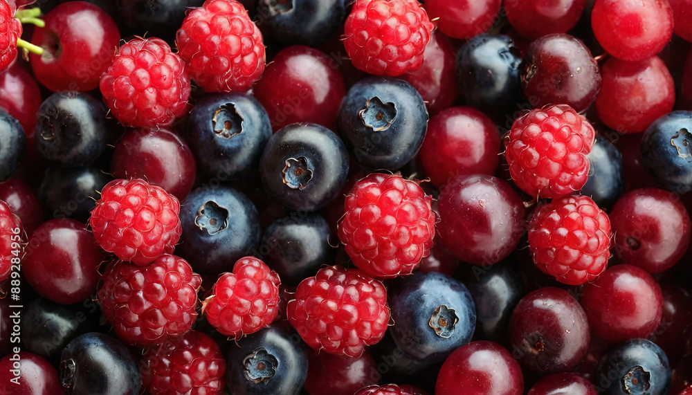 A vibrant collection of red and blue fruits, including blueberries, raspberries, and cherries, arranged tightly together in a close-up shot A vibrant collection of red and blue fruits, including blueberries, raspberries, and cherries, arranged tightly together in a close-up shot