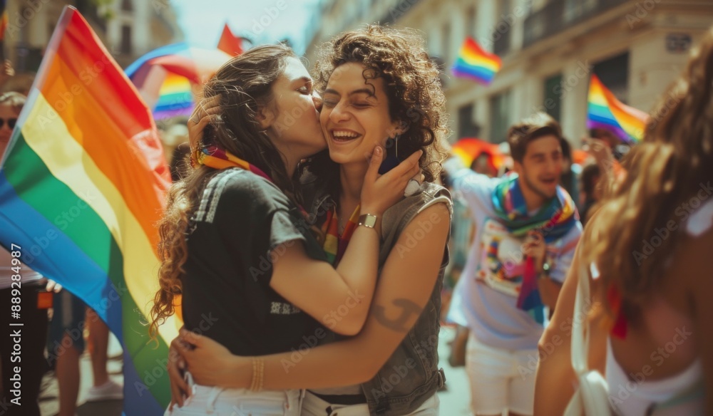 LGBTI Pride Week
In their show, two women hug and kiss each other LGBTI Pride Week
In their show, two women hug and kiss each other