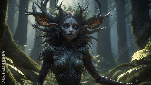 Dark Forest Nymph woman female creature of dark mysterious fantasy forest terrifying fairy tales fables character horror movies