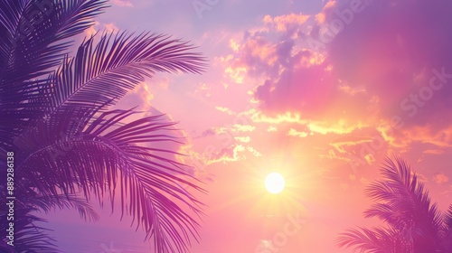 Palm trees, a tropical sky, and a sunset in a tropical summer scene