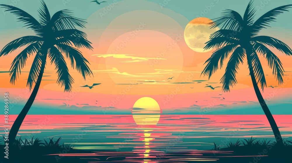 Obraz premium Modern illustration of sunset on summer beach background