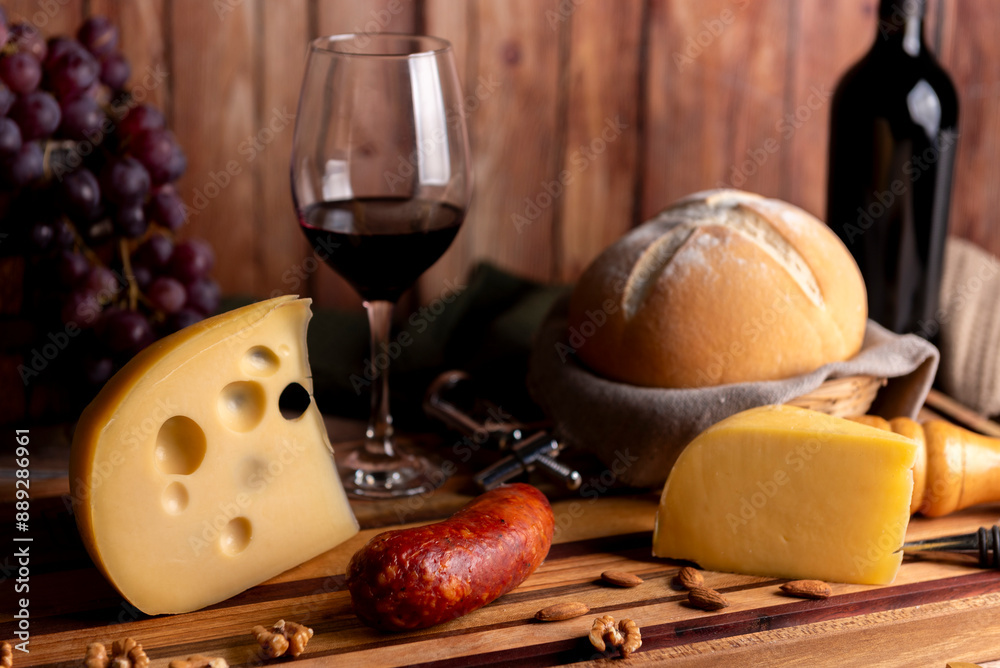 glass of red wine with wine bottle with cheese board country bread wooden board fresh grapes knife and cork opener and bottle glass of red wine with wine bottle with cheese board country bread wooden board fresh grapes knife and cork opener and bottle