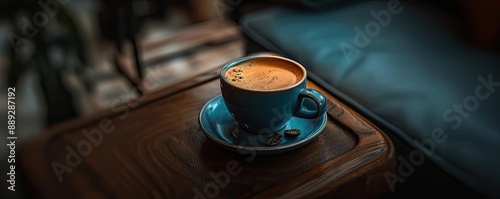 Cozy morning scene with a cup of coffee on a wooden table, creating a warm atmosphere for a perfect start to the day.