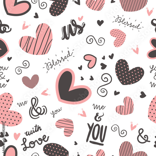 Cute doodle style hearts seamless vector pattern.  Handwritten background. Marker drawn different heart shapes and silhouettes. Hand drawn ornament. 