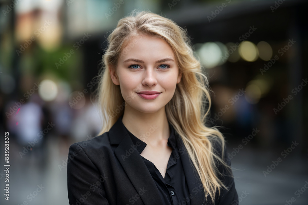 The blonde businesswoman in a black suit on a blurred street background looks at the camera and smiles. The blonde businesswoman in a black suit on a blurred street background looks at the camera and smiles.