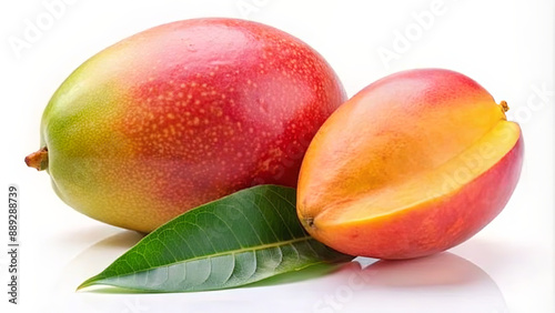 Two mangoes, one whole and one sliced, are displayed on a white background with a green leaf