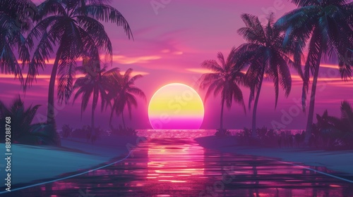 3D Abstract Background with Neon Tropical Synthwave Theme