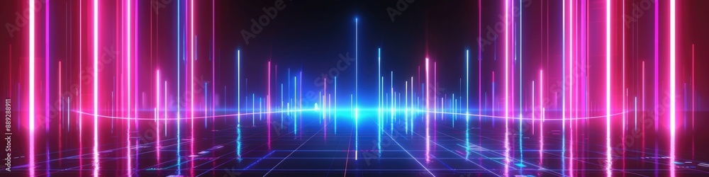 Panoramic Background. Neon 3D Render with Abstract Equalizer Chart and Ultraviolet Spectrum Panoramic Background. Neon 3D Render with Abstract Equalizer Chart and Ultraviolet Spectrum