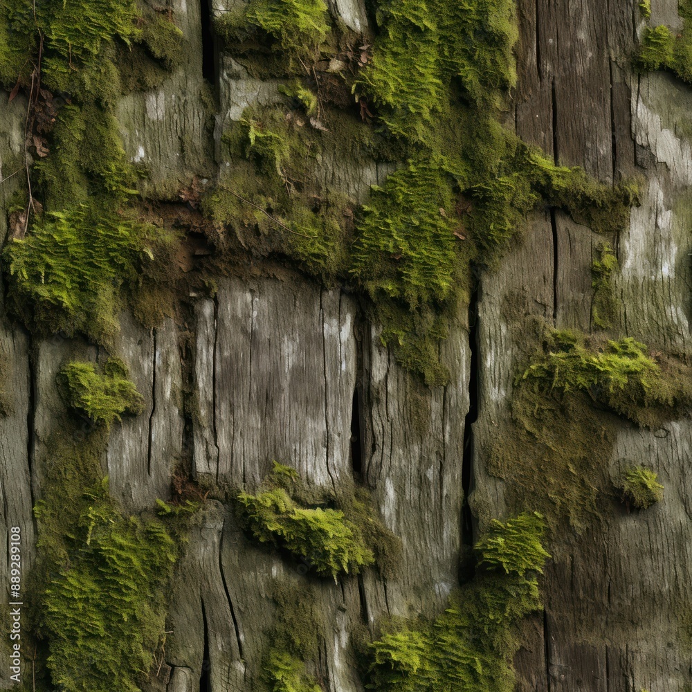 Old wooden wall, green moss. Seamless texture. Old wooden wall, green moss. Seamless texture.