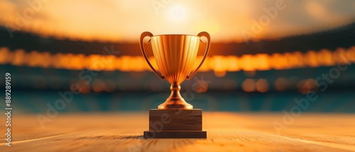 A golden trophy sitting on a wooden surface with a blurred stadium background and a warm sunset glow, symbolizing victory and achievement. photo