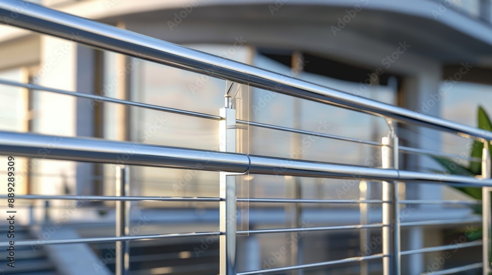 Close-up shot of a metal railing near a building with a urban or industrial background Close-up shot of a metal railing near a building with a urban or industrial background