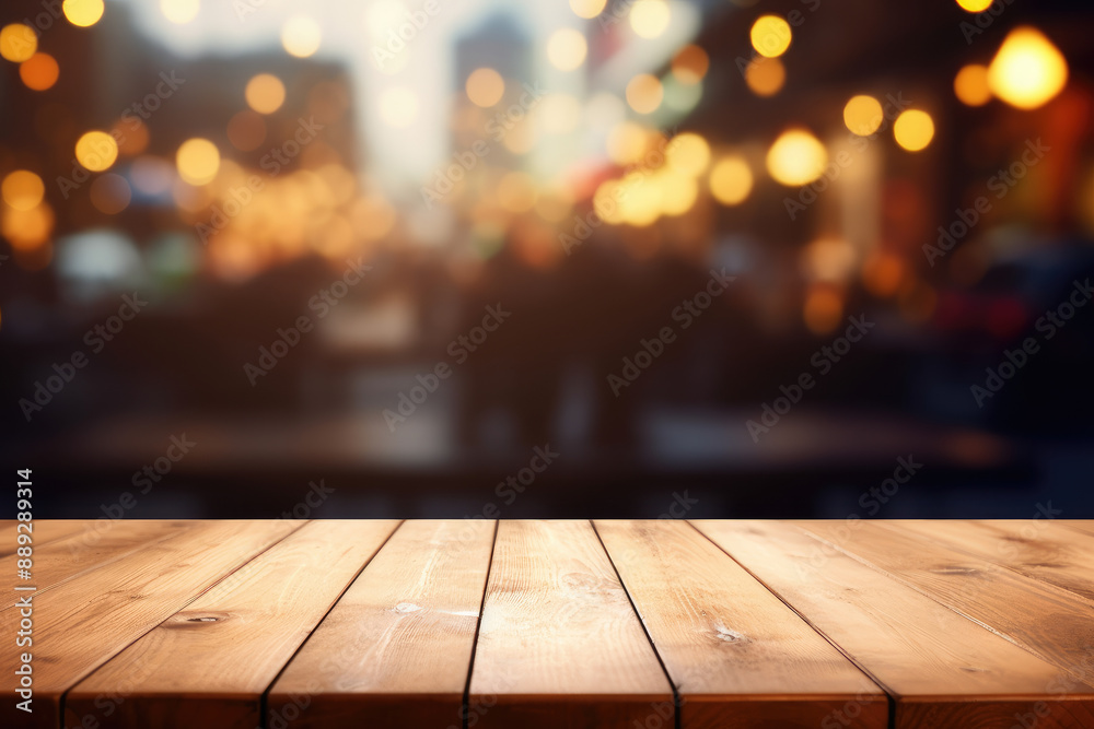 Atmospheric Wooden Tabletop Against Blurred City Lights Atmospheric Wooden Tabletop Against Blurred City Lights
