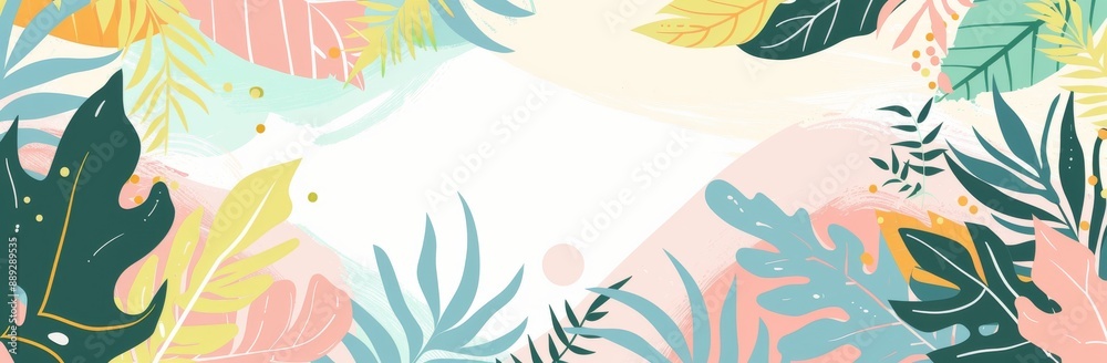 In green and pink color tones, a botanical background banner is made of leaf branches in the jungle. This design is for banner poster decoration. Flat style. A modern illustration. In green and pink color tones, a botanical background banner is made of leaf branches in the jungle. This design is for banner poster decoration. Flat style. A modern illustration.