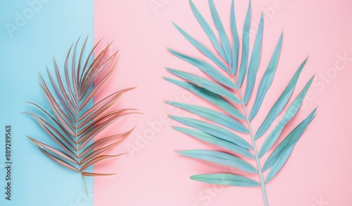Flat lay with palm leaf on pink and blue pastel background. Tropical summer concept. Minimal layout.