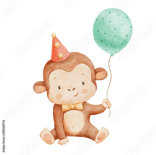 Photography Cute watercolor circus monkey with balloon