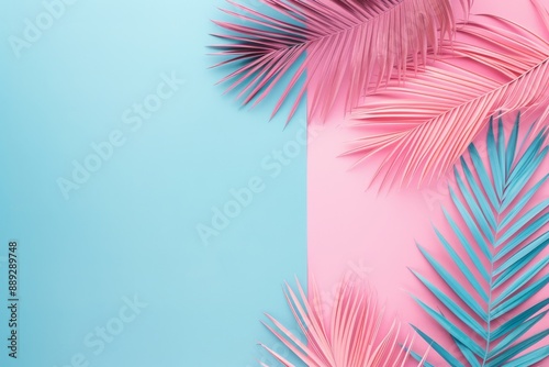 In this flat lay, palm leaves are painted on a pastel pink and blue background with an area for copy space. Tropical summer concept.