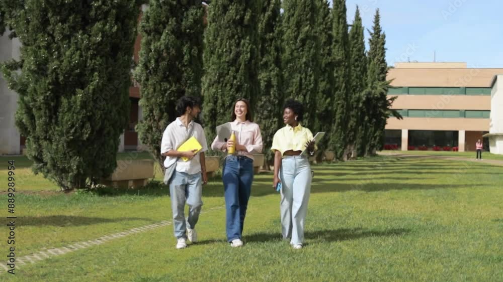 University students walking and talking at campus. Multiethnic friends. University students walking and talking at campus. Multiethnic friends.