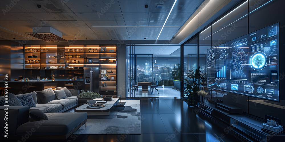 Futuristic smart home powered by quantum technology,Holographic diagram . Futuristic smart home powered by quantum technology,Holographic diagram .